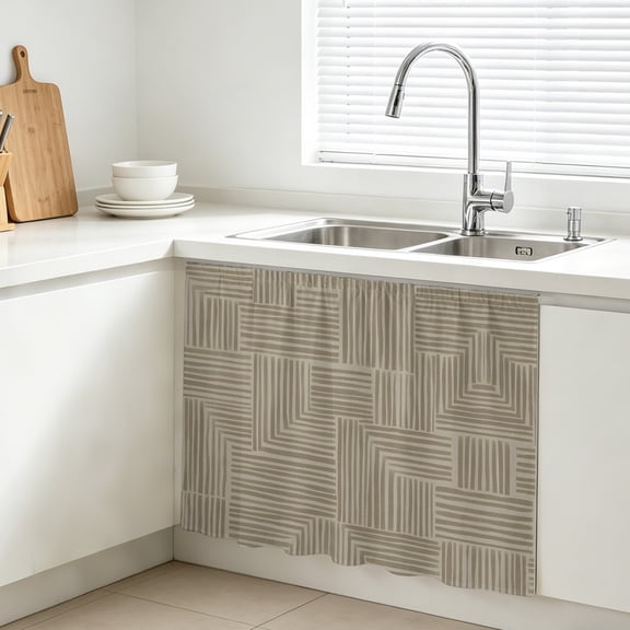 Abstract Angular Line Cabinet Curtains for Kitchen 11"W x 13"L, Geometric L-shaped Stripes Taupe Vanity Cabinet Curtains Magic Tape Short Curtain Decor Privacy Panel for Bathroom Laundry
