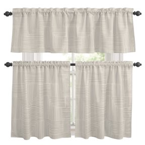 Abstract Angular Line Kitchen Curtains Valances 3 Piece Set, Geometric L-shaped Stripes Beige Rod Pocket Tier Curtain and Valance Drapes for Small Window 24 Inch Length for Bedroom Cafe