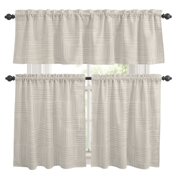 Abstract Angular Line Kitchen Curtains Valances 3 Piece Set, Geometric L-shaped Stripes Beige Rod Pocket Tier Curtain and Valance Drapes for Small Window 36 Inch Length for Bedroom Cafe