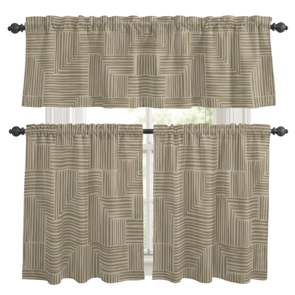 Abstract Angular Line Kitchen Curtains Valances 3 Piece Set, Geometric L-shaped Stripes Taupe Rod Pocket Tier Curtain and Valance Drapes for Small Window 36 Inch Length for Bedroom Cafe