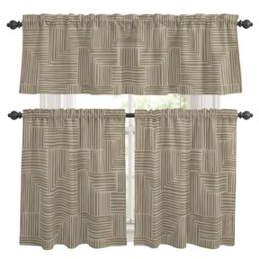 Abstract Angular Line Kitchen Curtains Valances 3 Piece Set, Geometric L-shaped Stripes Taupe Rod Pocket Tier Curtain and Valance Drapes for Small Window 36 Inch Length for Bedroom Cafe