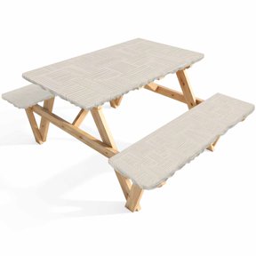 Abstract Angular Line Picnic Table Cover with Bench Covers Geometric L-shaped Stripes Beige Waterproof Fitted Picnic Tablecloth 3 Pieces Set Table Cloth for Outdoor Camping Garden BBQ