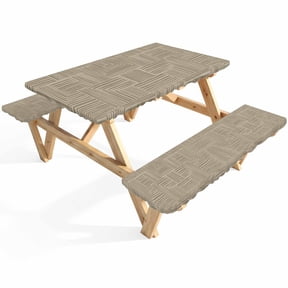 Abstract Angular Line Picnic Table Cover with Bench Covers Geometric L-shaped Stripes Taupe Waterproof Fitted Picnic Tablecloth 3 Pieces Set Table Cloth for Outdoor Camping Garden BBQ