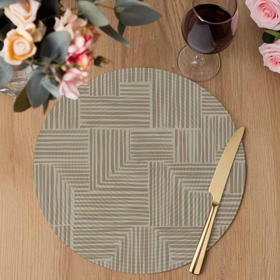 Abstract Angular Line Round Braided Placemats Set of 1, Geometric L-shaped Stripes Taupe Heat Insulation Place Mats Washable Non-Slip Table Mats for Kitchen Dining Party, 13 Inches