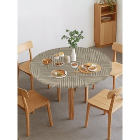 Abstract Angular Line Round Fitted Tablecloth with Elastic Edge, Geometric L-shaped Stripes Taupe Waterproof Stretch Table Covers for 36"-44" Tables Wipeable Table Cloth for Outdoor