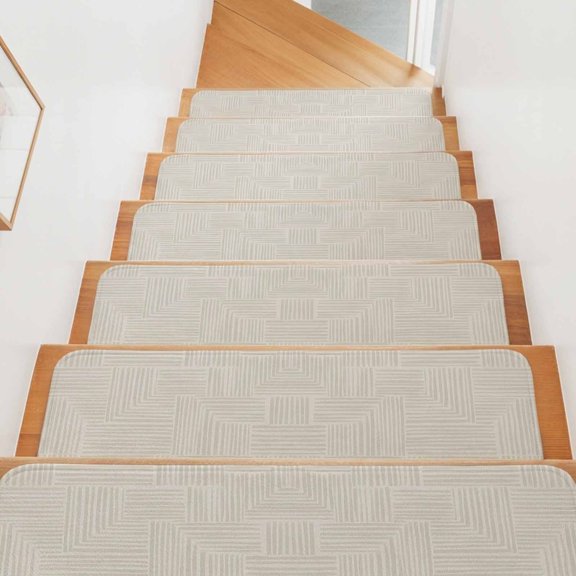 Abstract Angular Line Stair Treads Non Slip for Steps Geometric L-shaped Stripes Beige 15 Pcs Reusable Adhesive Stair Runner Mats for Dogs Elders Carpet Treads Rugs for Staircase 8x30 In
