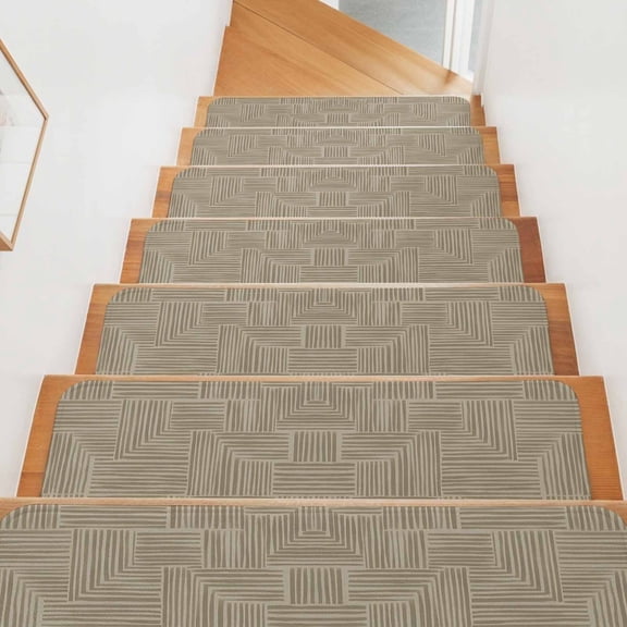 Abstract Angular Line Stair Treads Non Slip for Steps Geometric L-shaped Stripes Taupe 7 Pcs Reusable Adhesive Stair Runner Mats for Dogs Elders Carpet Treads Rugs for Staircase 8x30 In
