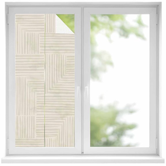 Abstract Angular Line Window Privacy Film Geometric L-shaped Stripes Beige Decorative Glass Window Film UV Blocking Static Cling Non-Adhesive Sticker Covering for Home Door 19.6 x 39.3 inches