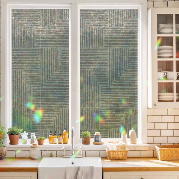 Abstract Angular Line Window Privacy Film Geometric L-shaped Stripes Taupe Static Cling Stained Glass Window Film Non-Adhesive Decorative Decals Rainbow Sticker 17.7"X39.3"