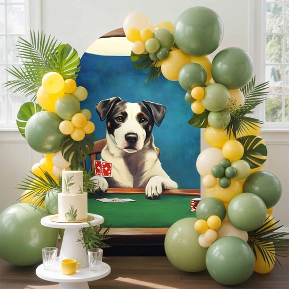 Abstract Animal Arch Backdrop Cover, 6.6FT, Dog Playing Poker Game Chips Blue Room Funny Spandex Arch Covers Double-Sided Backdrop for Wedding Birthday Party Photo Background Decoration