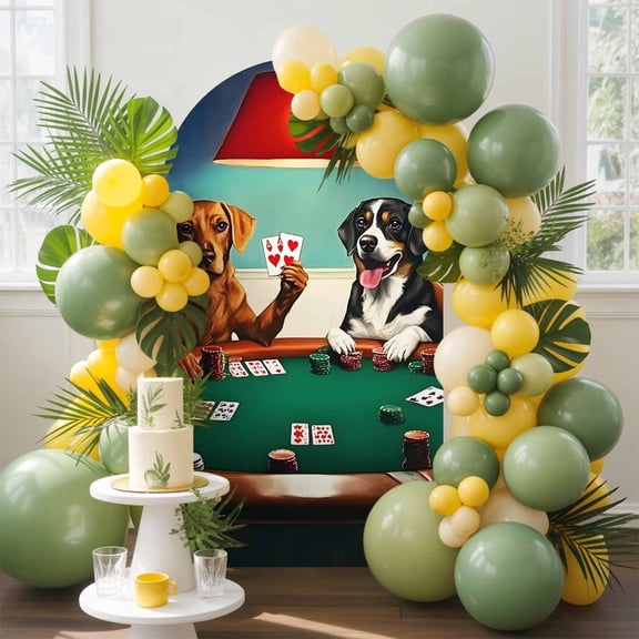 Abstract Animal Arch Backdrop Cover, 6.6FT, Dog In The Room Playing Poker Games Spandex Arch Covers Double-Sided Backdrop for Wedding Birthday Party Photo Background Decoration