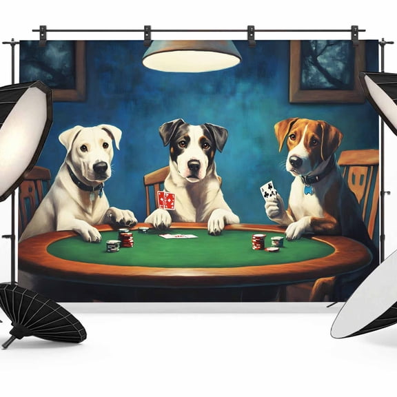 Abstract Animal Backdrop for Photography, Dog Playing Poker Game Chips Blue Room Funny Photo Backdrop Portrait Background Party Banner Photo Backgrounds for Studio Booth Props, 8x6ft
