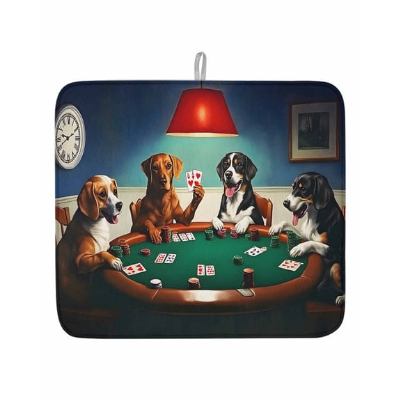 Abstract Animal Dish Drying Mat 16x18 inch Dog In The Room Playing Poker Games Super Absorbent Microfiber Dish Drying Pad for Kitchen Countertops Sink Dish Drainer Racks Coffee Bar Mats 1 Pack