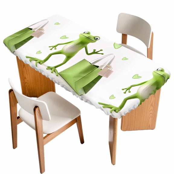 Abstract Animal Fitted Rectangle Tablecloth 24" x 36" Frog Heart Shopping Bag Heart Green Elastic Table Cloth Fits for 3 Foot Folding Tables Waterproof Table Cover for Picnic Camping Outdoor