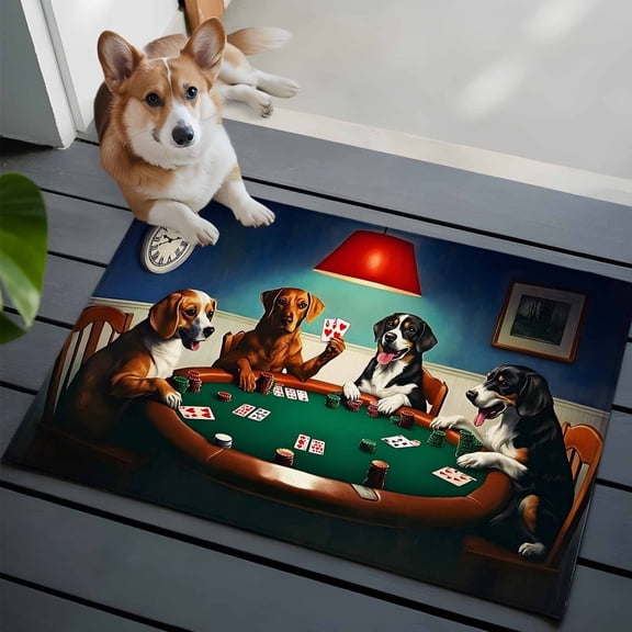 Abstract Animal Front Door Rugs 2x3 ft Dog In The Room Playing Poker Games Small Rug for Entryway Non Slip Washable Bathroom Door Mat Absorbent Floor Mat for Indoor Entrance