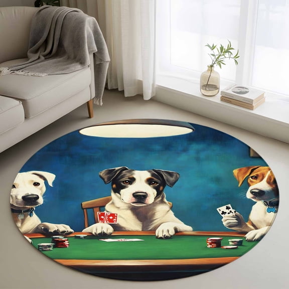 Abstract Animal Round Rugs for Living Room 3ft Dog Playing Poker Game Chips Blue Room Funny Non Slip Circle Rug Washable Low-Profile Indoor Carpet for Bedroom, Dining Room, Bathroom