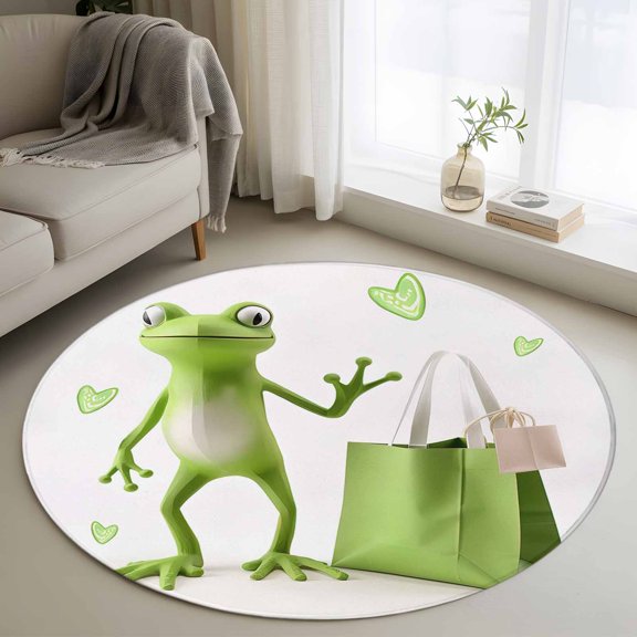 Abstract Animal Round Rugs for Living Room 3ft Frog Heart Shopping Bag Heart Green Non Slip Circle Rug Washable Low-Profile Indoor Carpet for Bedroom, Dining Room, Bathroom