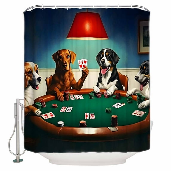 Abstract Animal Shower Curtain, 66" x 72", Dog In The Room Playing Poker Games Waterproof Bathroom Curtain Washable Shower Curtain Set with 12 Hooks