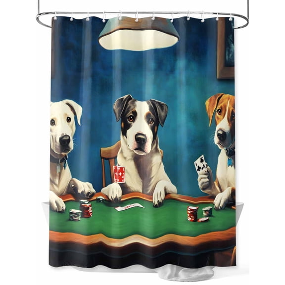 Abstract Animal Shower Curtain, Dog Playing Poker Game Chips Blue Room Funny Waterproof Shower Curtain Set with 12 Hooks Lightweight Washable Fabric Shower Curtains for Bathroom 48x72 Inches