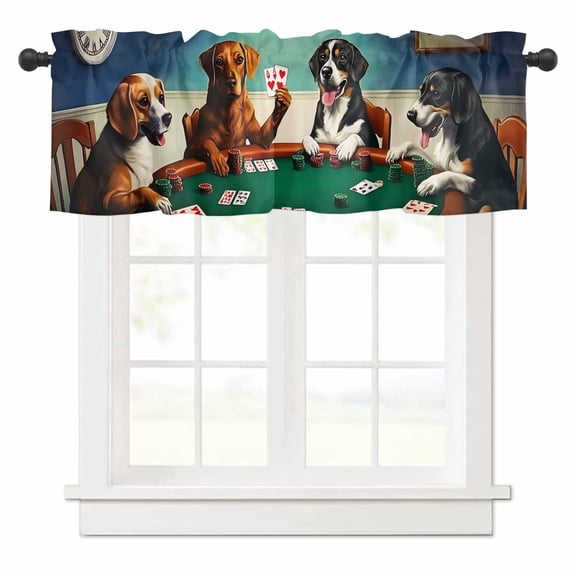 Abstract Animal Valances for Windows Dog In The Room Playing Poker Games Rod Pocket Curtain Valance Window Treatment Short Curtains for Kitchen Living Room, 60"x14"