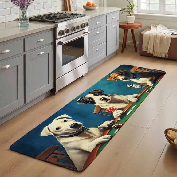 Abstract Animal Washable Runner Rug 3X5 ft Dog Playing Poker Game Chips Blue Room Funny Non-Slip Hallway Runner Rug, Linen Kitchen Runner Mats, Indoor Floor Carpet for Entryway Bathroom Bedroom