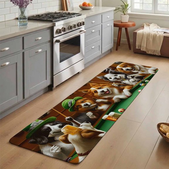 Abstract Animal Washable Runner Rug 3X7 ft Dog In The Room Playing Poker Game Non-Slip Hallway Runner Rug, Linen Kitchen Runner Mats, Indoor Floor Carpet for Entryway Bathroom Bedroom Living Room