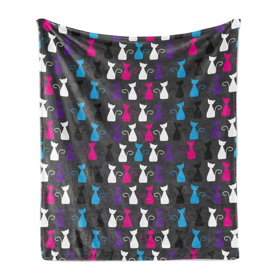Abstract Animals Art Soft Flannel Fleece Throw Blanket, Colorful Ornamental Kittens Drawings of Funny Silhouettes Cat Lover, Cozy Plush for Indoor and Outdoor Use, 70" x 90", Multicolor, by Ambesonne