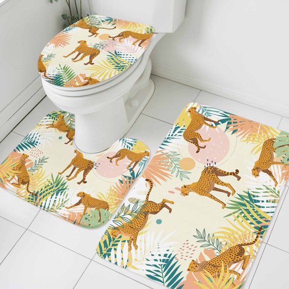 Abstract Animals Bathroom Rugs Set Colorful Leopard Tropical Plants Leaf Modern Non Slip Absorbent Soft Bath Mats 3 Piece Set with Bathroom Rug, U-Shaped Floor Mat, Toilet Seat Cover Small Size