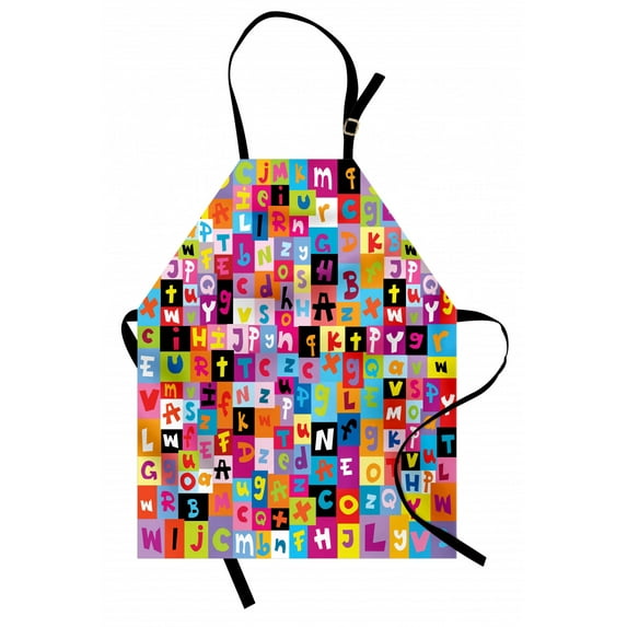 Abstract Apron Colored Alphabet Letters Pattern Education School Puzzle Children Graphic Print, Unisex Kitchen Bib Apron with Adjustable Neck for Cooking Baking Gardening, Multicolor, by Ambesonne