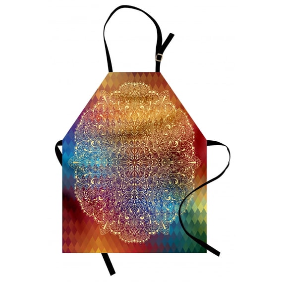 Abstract Apron Highly Detailed Floral Oriental Pattern on Geometric Colorful Background Artwork, Unisex Kitchen Bib Apron with Adjustable Neck for Cooking Baking Gardening, Multicolor, by Ambesonne