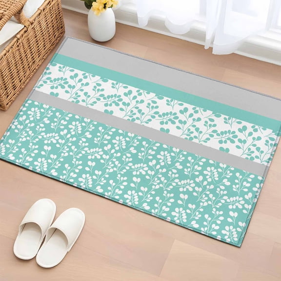 Abstract Aqua 2'x3' Rug for Entryway Front Door Kitchen Sink Area, Grey Stripes Floral Plant Vintage Modern Low Pile Washable Non Slip Rectangle Area Rug