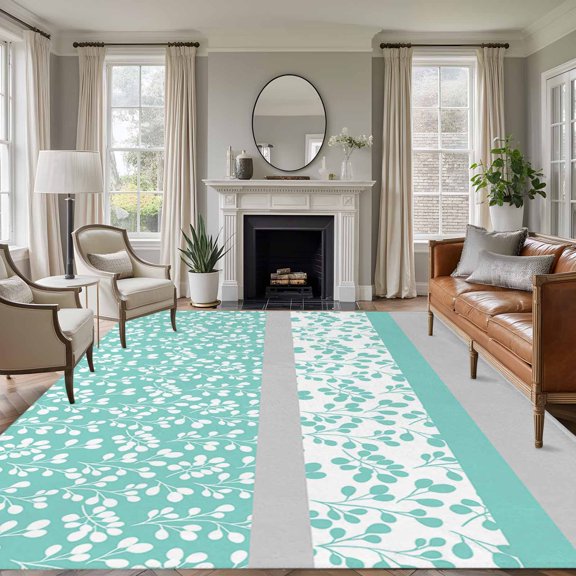 Abstract Aqua 8'x10' Large Area Rug for Living Room Sectional Sofa, Grey Stripes Floral Plant Vintage Modern Washable Non Slip Low Pile Rectangle Area Rug