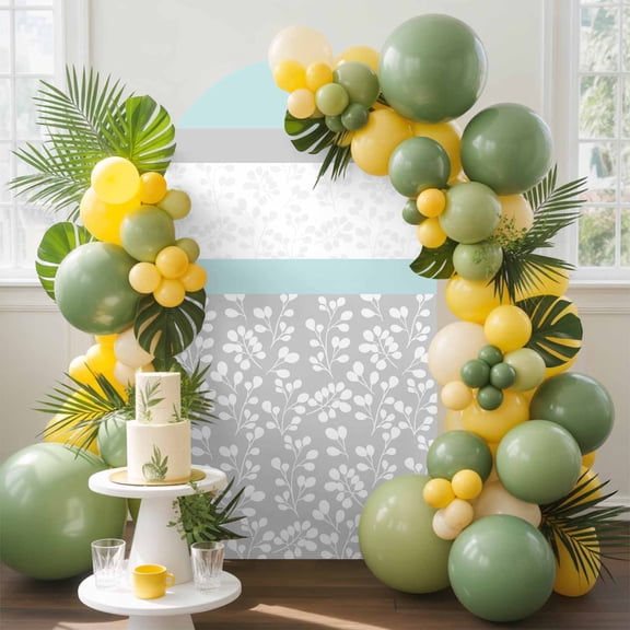 Abstract Aqua Arch Backdrop Cover, 4FT, Grey Stripes Floral Plant Modern Vintage Spandex Arch Covers Double-Sided Backdrop for Wedding Birthday Party Photo Background Decoration