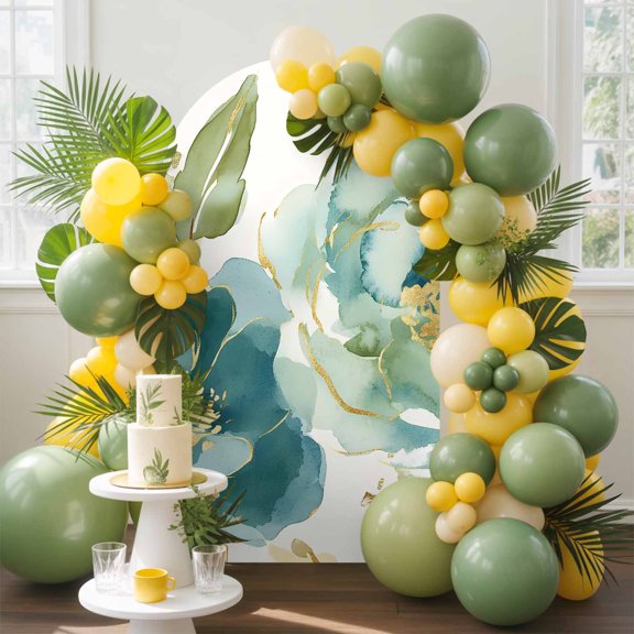 Abstract Arch Backdrop Cover, 5FT, Green Peony Pattern Petals Leaves Gold Lines Retro Spandex Arch Covers Double-Sided Backdrop for Wedding Birthday Party Photo Background Decoration