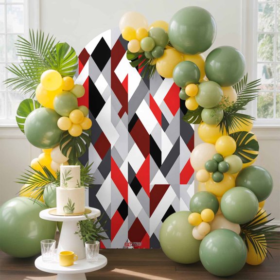 Abstract Arch Backdrop Cover, 6.6FT, Red Black Geometric Modern Design Spandex Arch Covers Double-Sided Backdrop for Wedding Birthday Party Photo Background Decoration