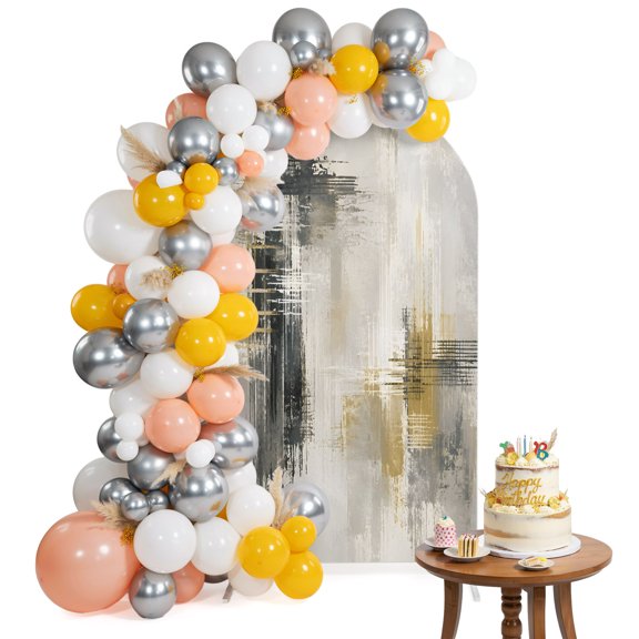 Abstract Arch Backdrop Cover 6FT Gray Beige Gold Scraped Pigment Plaster Builds Industrial Spandex Fitted Arch Covers Stretchy Backdrop Decoration for Wedding Birthday Graduation Party