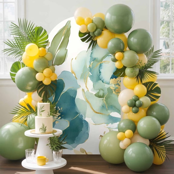 Abstract Arch Backdrop Cover, 6FT, Green Peony Pattern Petals Leaves Gold Lines Retro Spandex Arch Covers Double-Sided Backdrop for Wedding Birthday Party Photo Background Decoration