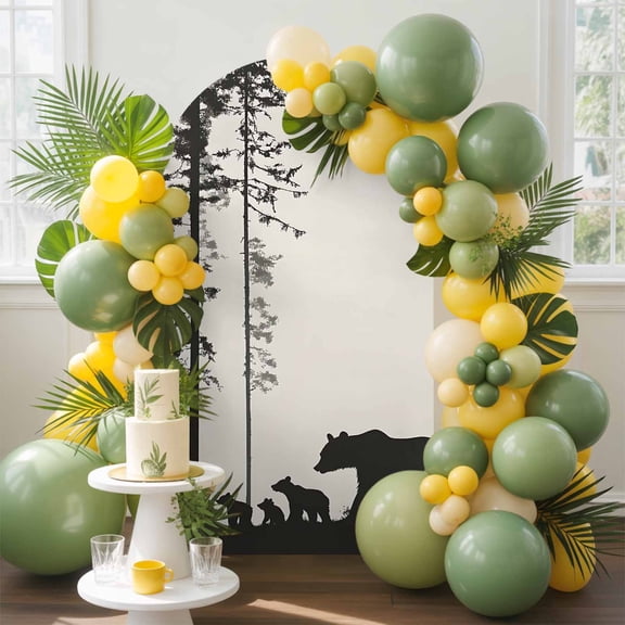 Abstract Arch Backdrop Cover, 7.2FT, Bear Family Forest Trees Natural Scenery Silhouette Spandex Arch Covers Double-Sided Backdrop for Wedding Birthday Party Photo Background Decoration