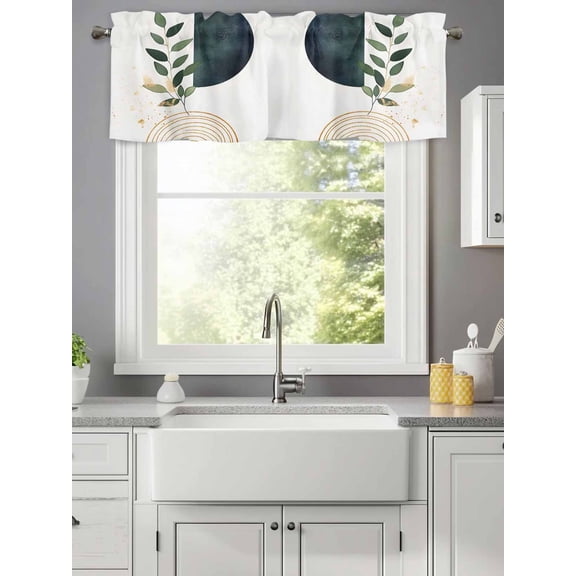 Abstract Arch Line Plant Valances for Windows,Kitchen Valance Rod Pocket Short Curtain,Green Botanical Leaves Geometric Valance Curtain Window Valances for Bedroom Living Room 42x12in