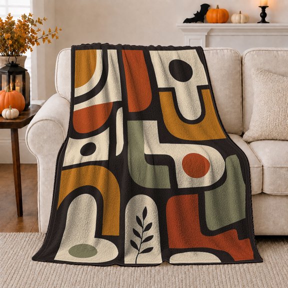 Abstract Arches And Circles With Leaf Sprig, Cozy Flannel Blanket with Modern Organic Geometry Print, Housewarming Gift for Modern Abstract Enthusiasts, Home Decor for Bedroom and Living Room