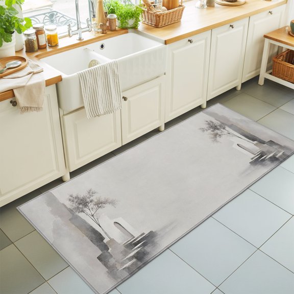 Abstract Architectural 2'x6' Runner Rugs for Hallway Walkway Kitchen Galley, Boho Impressionist Gray Lone Slender Tree Soft Sturdy Washable Mats Non Slip Long Corridor Area Rug