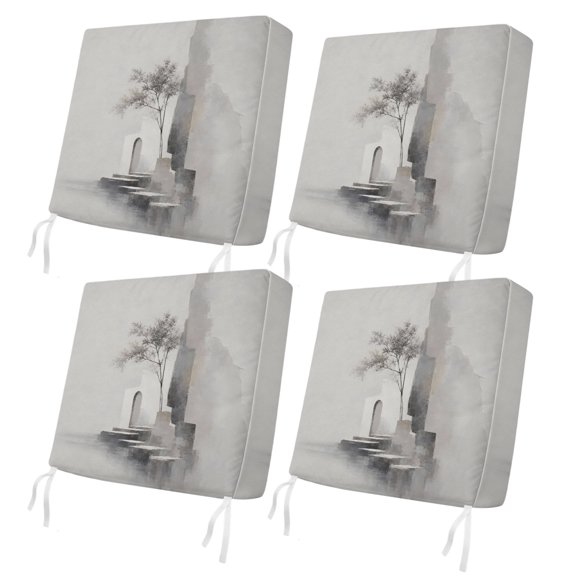 Abstract Architectural 4 Pcs Patio Cushion Covers, Boho Impressionist Gray Lone Slender Tree Waterproof Outdoor Cushion Cover, Replacement Washable Sofa Chair Seat Cover with Zipper 24"x24"x4"