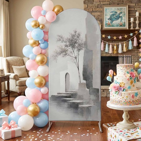 Abstract Architectural Arch Backdrop Covers 4 FT, Boho Impressionist Gray Lone Slender Tree Stretchy Fitted Arched Stand Covers Party Arch Stand Cover Photo Booth for Wedding Birthday Decor