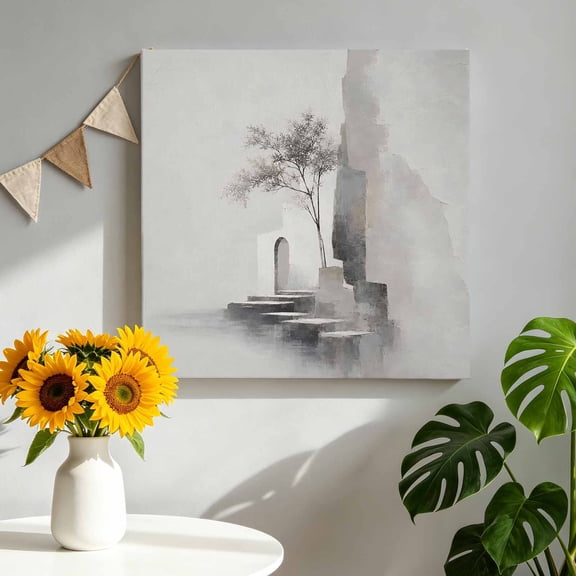 Abstract Architectural Canvas Wall Art, Boho Impressionist Gray Lone Slender Tree Framed Canvas Wall Decor Picture Print Artwork Decorations for Living Room Office Ready to Hang 8" x 8"