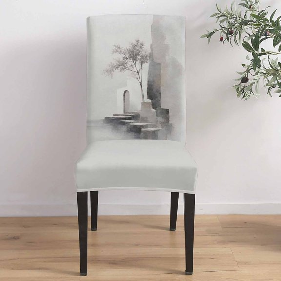Abstract Architectural Dining Chair Covers Set of 1, Boho Impressionist Gray Lone Slender Tree Chair Covers for Dining Room Removable Seat Protectors Slipcovers for Home Party Wedding Banquet