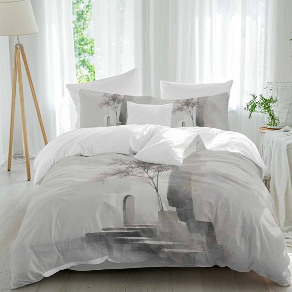 Abstract Architectural Full Duvet Cover Set, Boho Impressionist Gray Lone Slender Tree 4 Piece Microfiber Bedding Set with Zipper Closure, Bed Sheet and 2 Pillow Shams, Soft Bedding Cover
