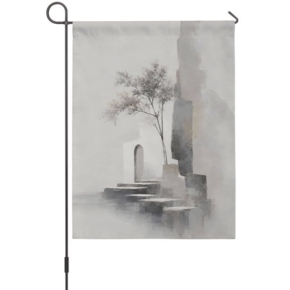 Abstract Architectural House Flag 28 x 40 Inches, Boho Impressionist Gray Lone Slender Tree Weather Proof Outdoor Patio Flags Double Sided Small House Decoration for Yard Lawn Outside Home