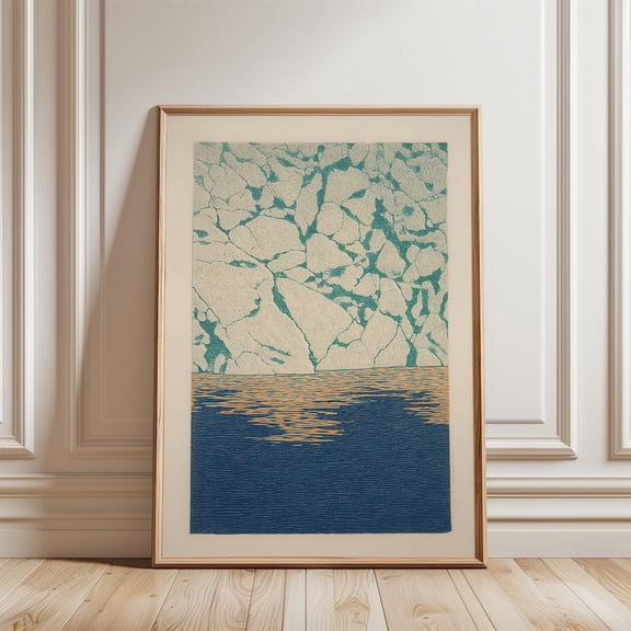 Abstract Arctic Coast Poster Teal Ice Cliff Vertical Navy Water Art, Unframed Poster