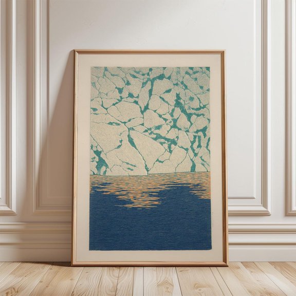 Abstract Arctic Coast Teal Ice Cliff Vertical Navy Water Decor, Unframed Paper Poster 8x10in