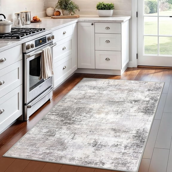 Abstract Area Rug 4x6 Ft Washable Rugs for Entryway Indoor, Non Slip Small Living Room Rugs Printed Faux Wool Throw Rug, Floor Carpet for Kitchen Nursery Playroom, Grey Beige